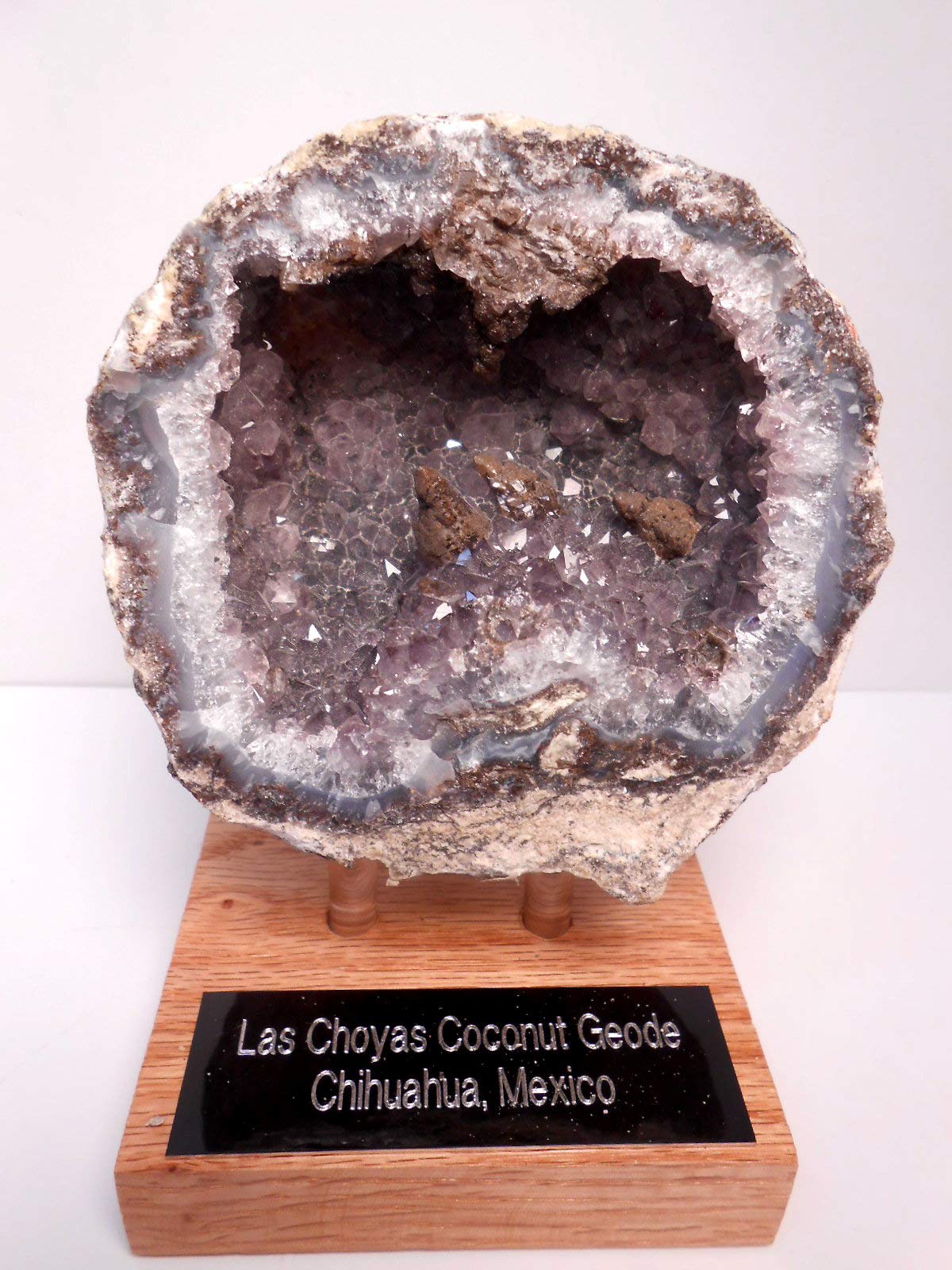 Genuine Huge Softball Sized Crystal Filled Los Choyas Geode Half on Free Custom Oak Stand