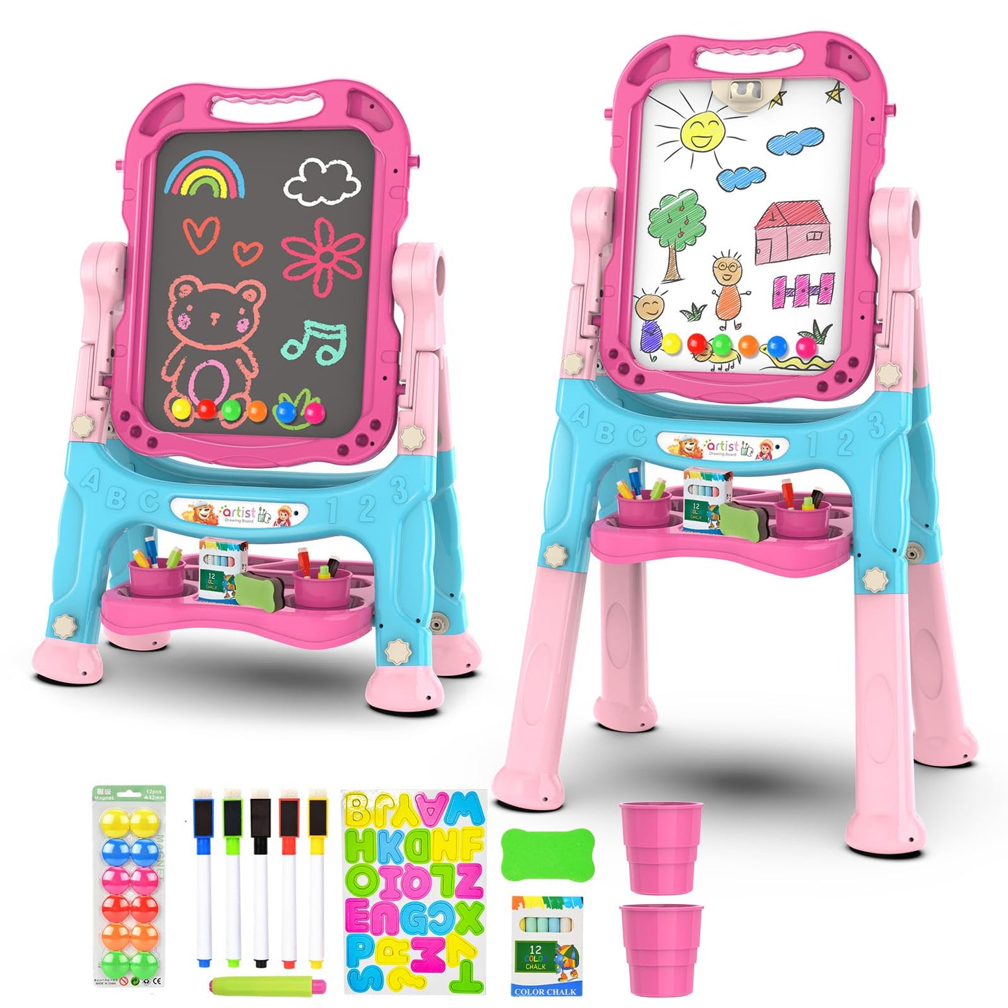 Amagoing Easel for Kids, Adjustable Standing Art Easel for Toddler, Double Chalk Drawing Board with Painting Accessories, Birthd