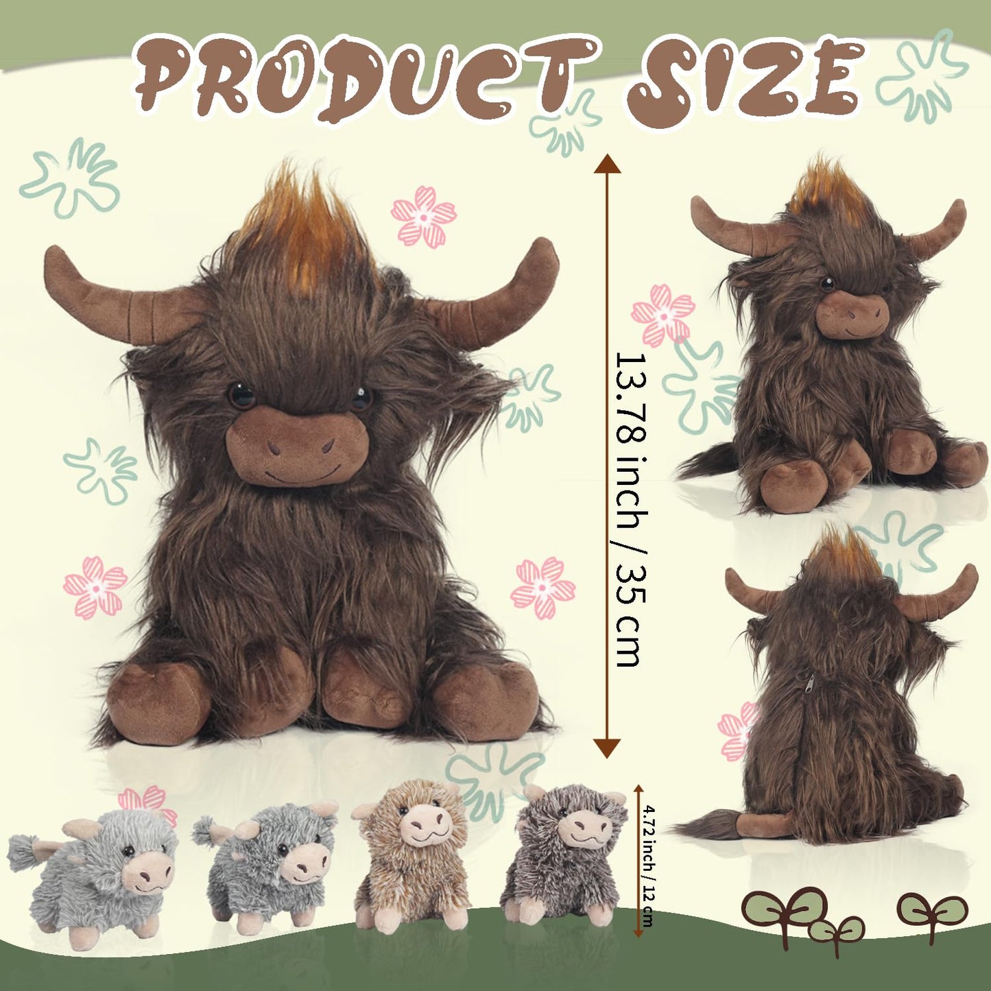 Xyhqyb Highland Cow Stuffed Animal, 5 In 1 Realistic Highland Cattle Plush Toy Scottish Highland Cow With 4 Cuddly Little Cattle
