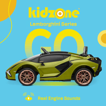 Kidzone Kids 12V Electric Ride On Licensed Lamborghini Sian Roadster Motorized Toy Car With Remote Control, Wheels Suspension, Led Lights & Music - Green With Gold Rim