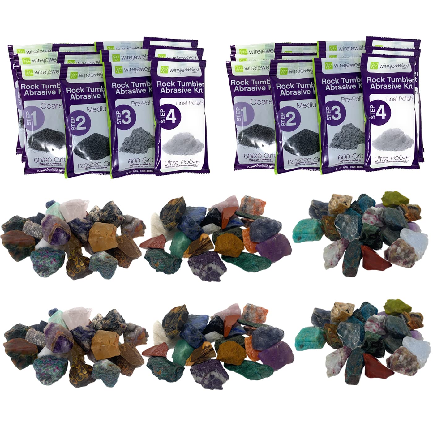 WireJewelry World Stone Mix Rock Tumbler Refill Kit - 3 Lbs. Each of Asia, Brazil and Madagascar Stone Mixes and 6 Batches of 4