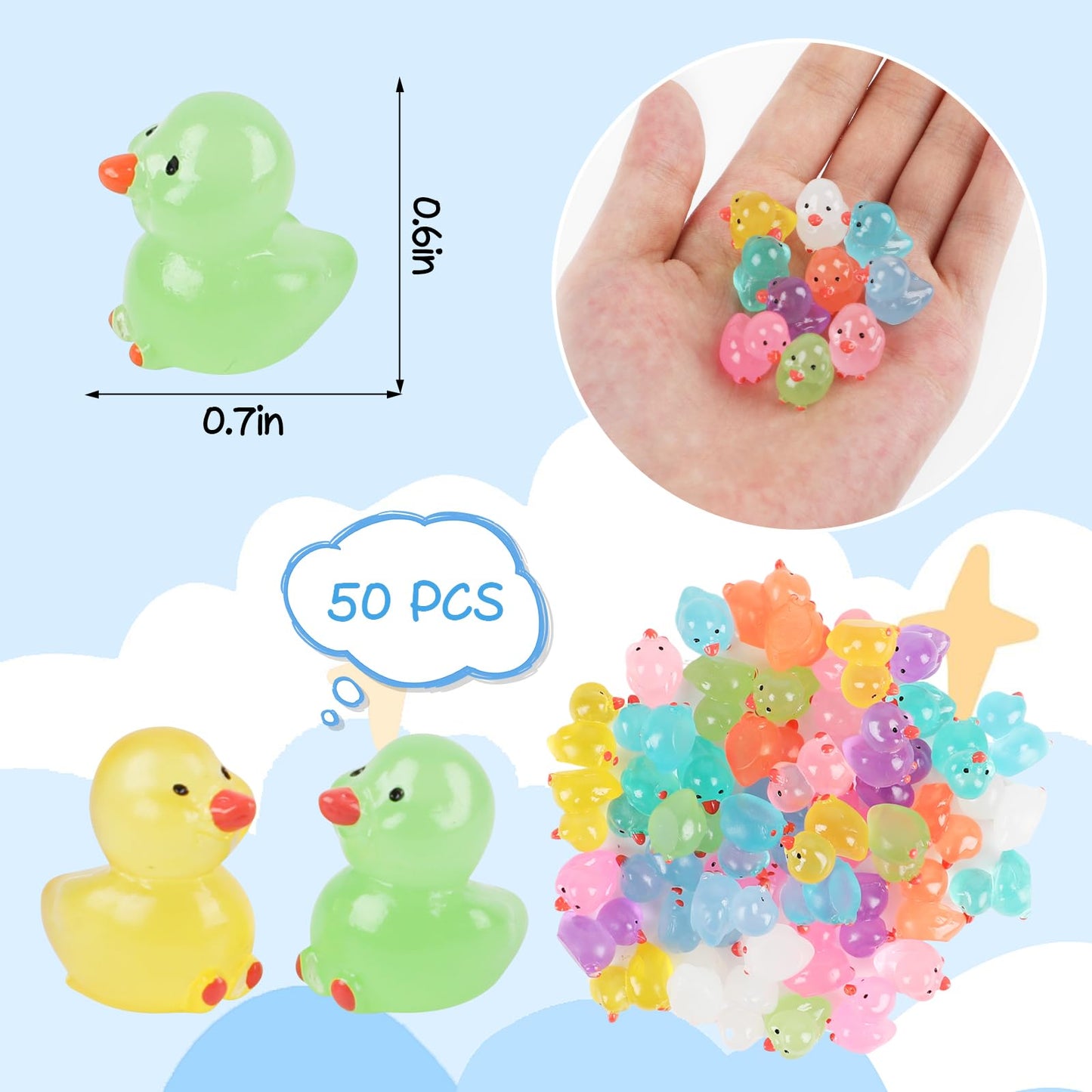 Lokipa 50Pcs Mini Ducks, Luminous Tiny Ducks Miniature Ducks Glow In The Dark Mini Resin Ducks For Garden Micro Landscape Orname