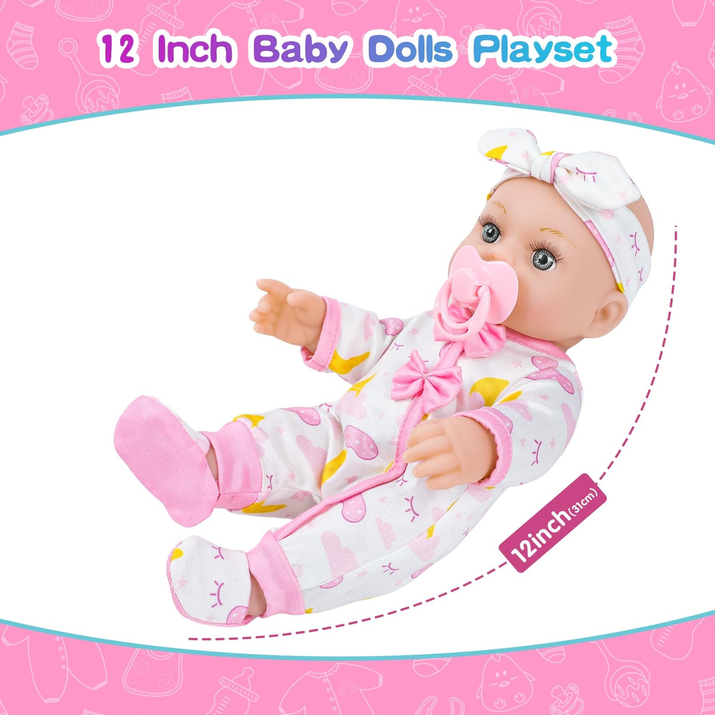 12 Inch Baby Doll Crib Playset with Dolls Clothes and Accessories Including Soft Sleep Bassinet Bed  Bottles  Nipple  Eye Mask  Slippers  Blanket  Pillow  Gift Idea for Ages 3+