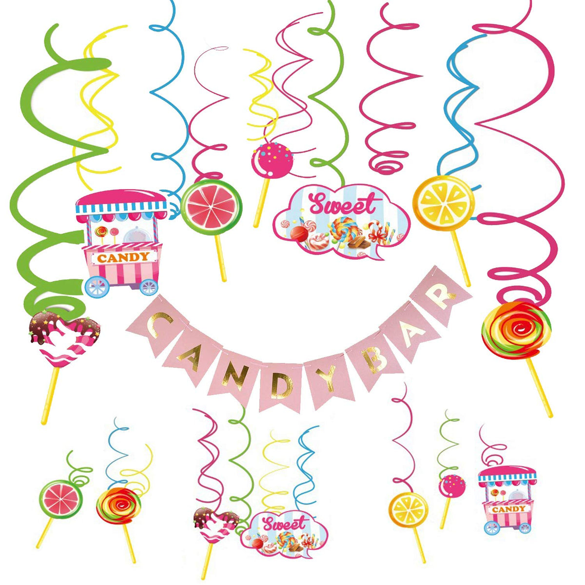 Candyland Party Supplies Set  30Ct Candy Party Hanging Swirl With Candy Bar Banner For Kids,Girls,Candy Party Decorations,Lolli