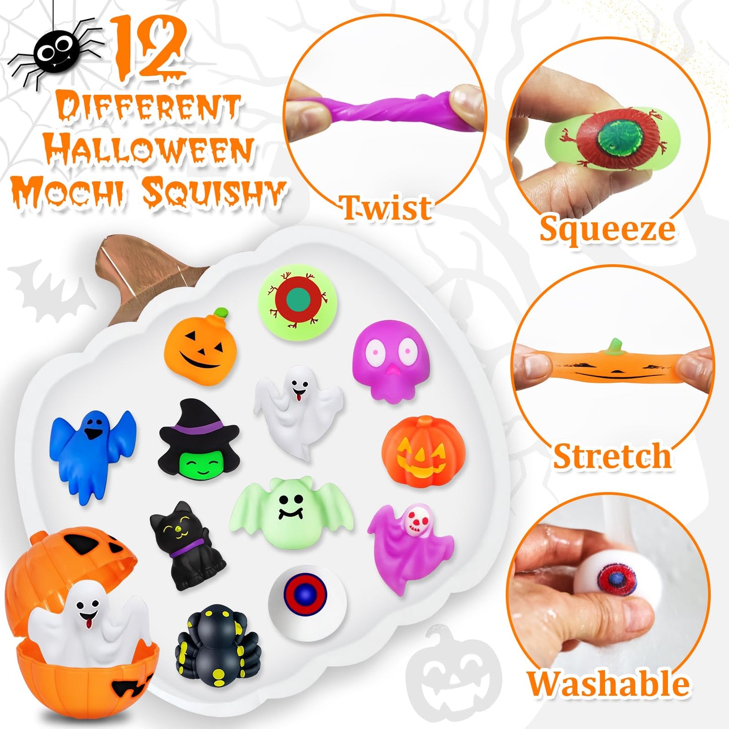 Adisher Halloween Party Favors,12Pcs Mochi Squishy 12Pcs Halloween Building Blocks and 24Pcs Pumpkin Boxes, Halloween Goodie Bag