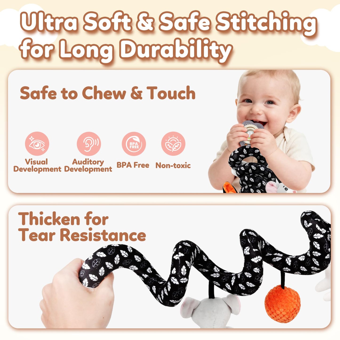 GKDOMS Baby Carseat Toy Black & White Rattle Spiral Hanging Activity Stroller Toy for Newborns Boys and Girls - Cat