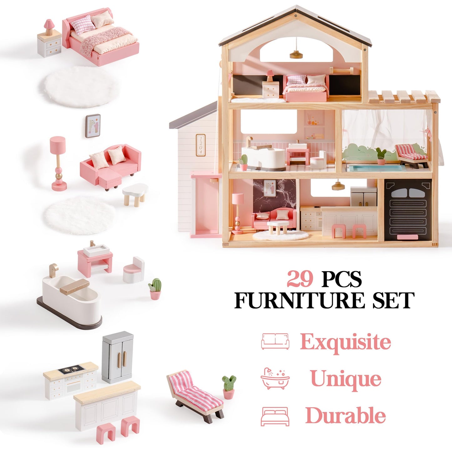 Robotime Wooden Dollhouse, Doll House With 29 Pieces Furniture Set - Pool And Elevator, Wooden Doll House For 4, 5, 6-Inch Dolls