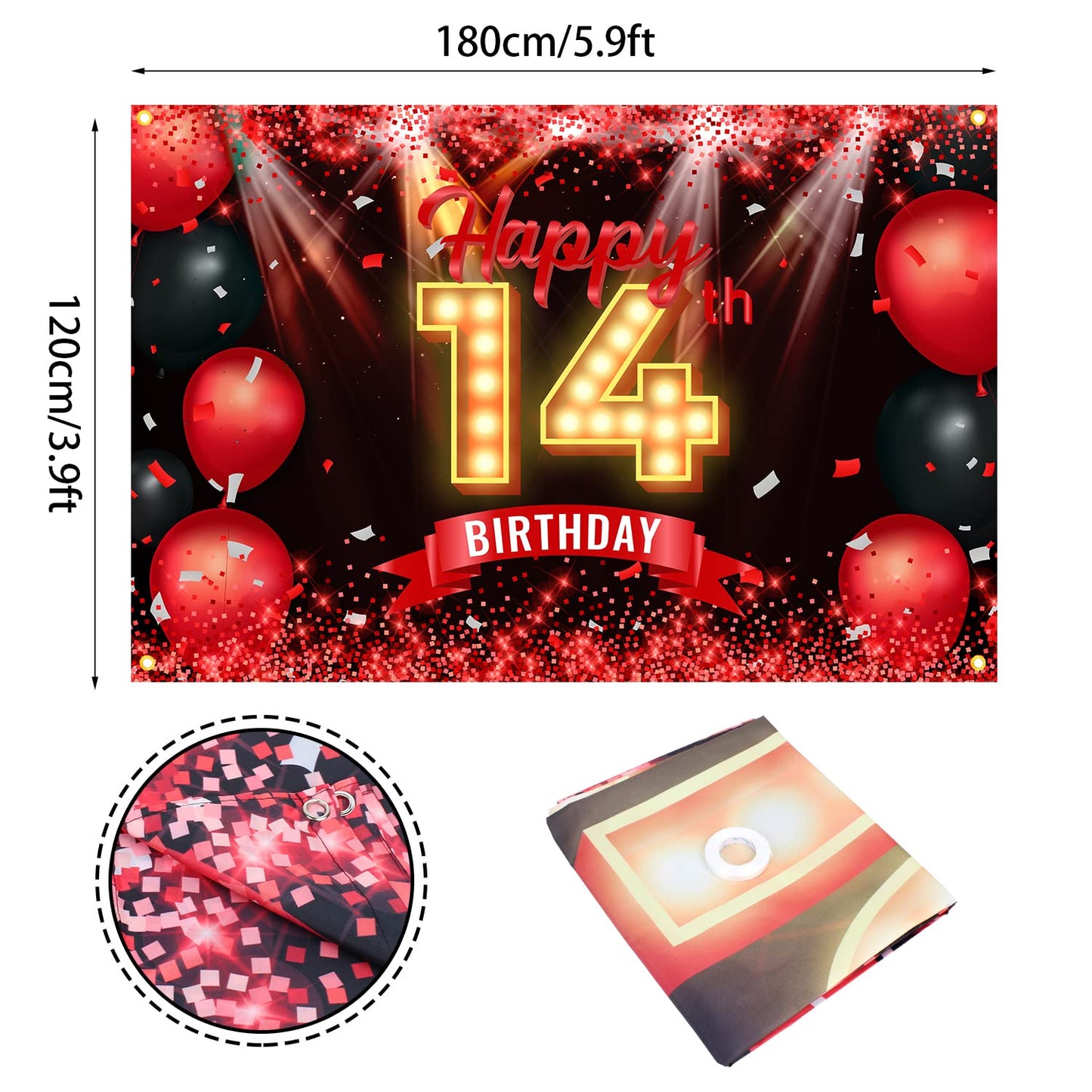 Yikki Happy 14th Birthday Banner Backdrop, Red and Black, Polyester, 14 Years Old Decorations for Boys and Girls