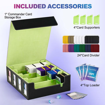 Uaono Trading Card Storage Box With Commander Display; 2400+ Deck Box For Mtg With Removable Cover; Toploader Card Case Fits Magic Tcg Ptcg Sports Cards; 24 Dividers, 4 Stoppers (Black, Lemon Green)