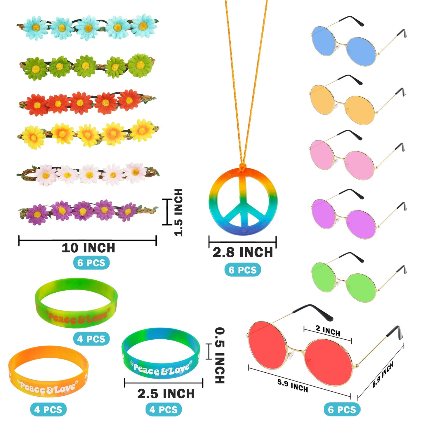 BANBALLON 30 PCS Hippie Party Favors Retro Round Sunglasses Daisy Flower Headbands Peace Sign Necklaces Silicone Bracelets For 6