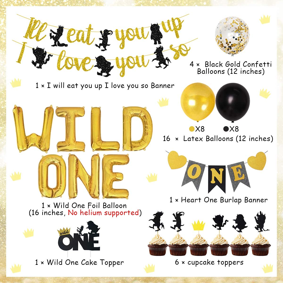JOYMEMO Wild One Birthday Party Decorations Set, Black Gold Wild One Balloons, I ll Eat You Up I Love You So Banner, Cake Toppe