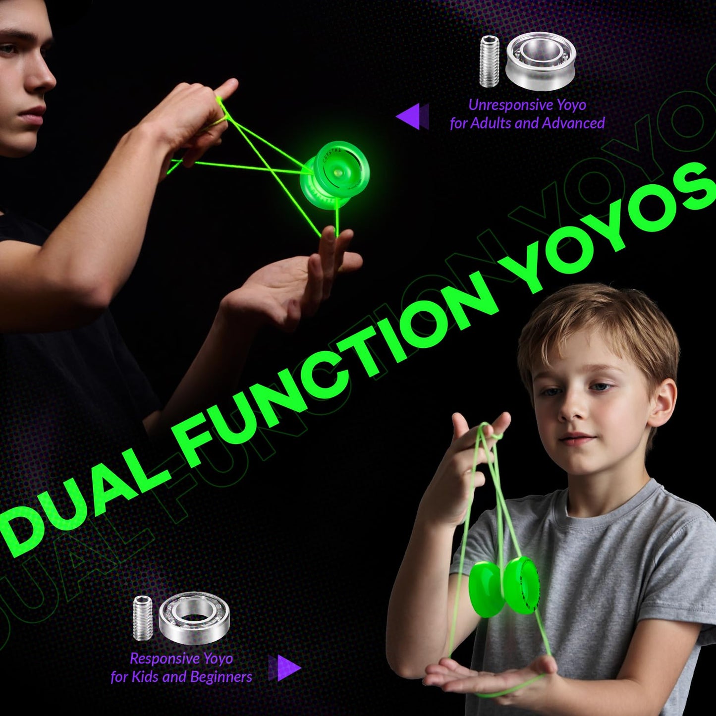 MAGICYOYO Fingerspin Yoyo Glow-in The Dark  Dual Purpose Responsive & Unresponsive Yoyo for Kids 8-12  Plastic Professional Yo Yos for mature-themeds  Complete yo-yo Accessories Included (K2+K3 Glow Green)