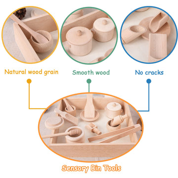Montessori Sensory Bin Tools Toy With Wooden Box For Toddlers, Pretend Play Dish Toys Wooden Bowls Scoop Tongs Transfer Work Pouring Set, Kids Fine Motor Skills Development