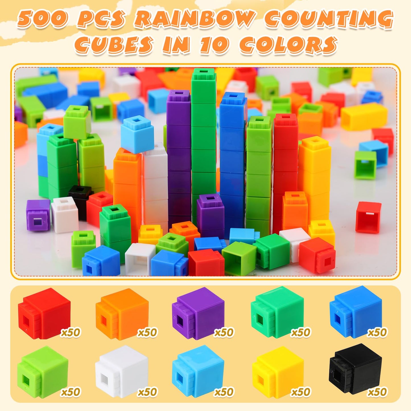 Jenaai 500 Pcs Math Learning Linking Cube with Storage Container Counting Cubes, Colorful Plastic Counting Blocks, Manipulatives