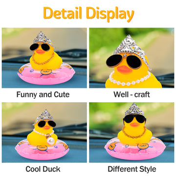 Wonuu Car Duck Rubber Duck Car Ornaments Duck Car Dashboard Decorations With Cute Headband Swim Ring Necklace Sunglasses, C-Female Crown&Gold Chain&Pink