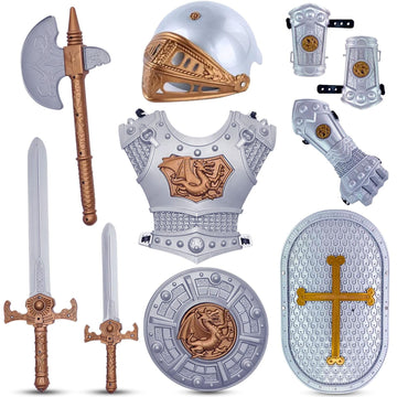 Medieval Knight in Shining protective covering  Kids Crusader Pretend Role Play Plastic Costume Dress Up Cosplay with Toy decorative replica blades  Axe  Shield   & Accessories Playset