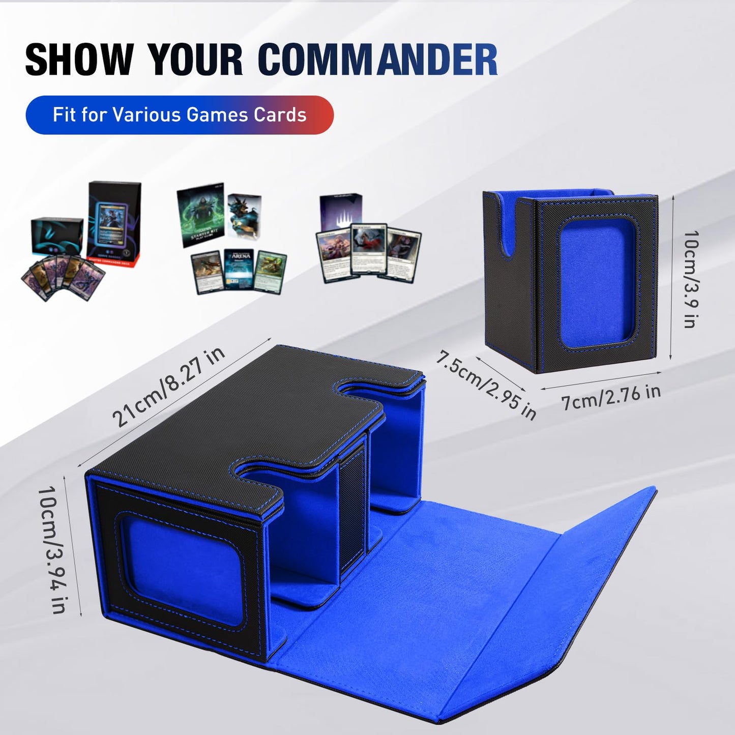 TiMOVO MTG Deck Box  Commander Deck Case Fits 200+ Double-Sleeved Cards  Magnetic Leather Card Storage Box with 2 Commander Display & 4Dividers & Dice Tray Fit YuGiOh TCG CCG Magic Cards  Black+Blue