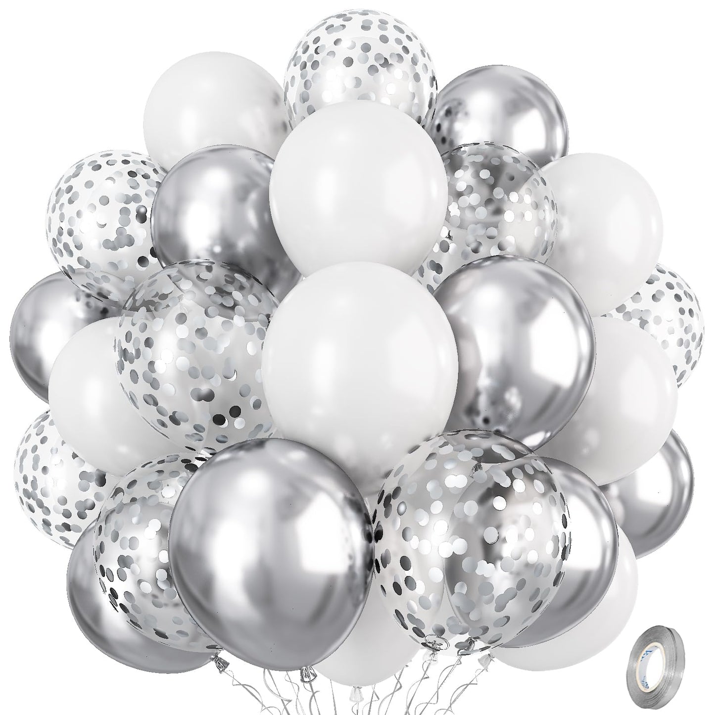 Silver And White Balloons, 12 Inch Metallic Silver White Latex Balloons Set Decor With Silver Confetti Helium Balloons For Boys