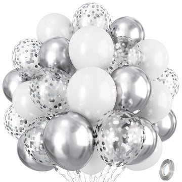 Silver And White Balloons, 12 Inch Metallic Silver White Latex Balloons Set Decor With Silver Confetti Helium Balloons For Boys