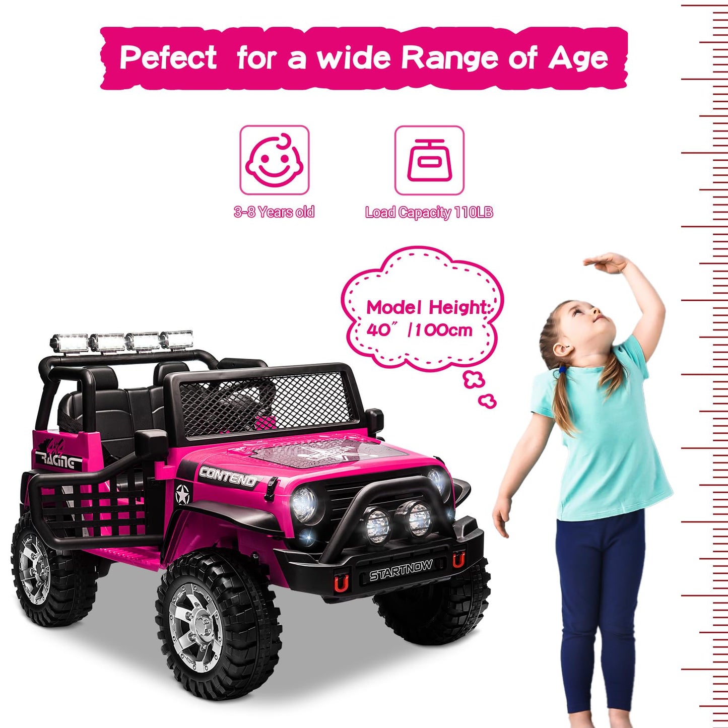Sehomy 2-Seater Kids Ride On Truck Car With Remote, 12V Battery Powered Electric Car For Kids 3 - Spring Suspension, Led Lights,
