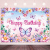 LDWLYW Purple Butterfly Happy Birthday Backdrop Banner Large Butterfly Birthday Party Decorations Supplies for Girl Women Kids S