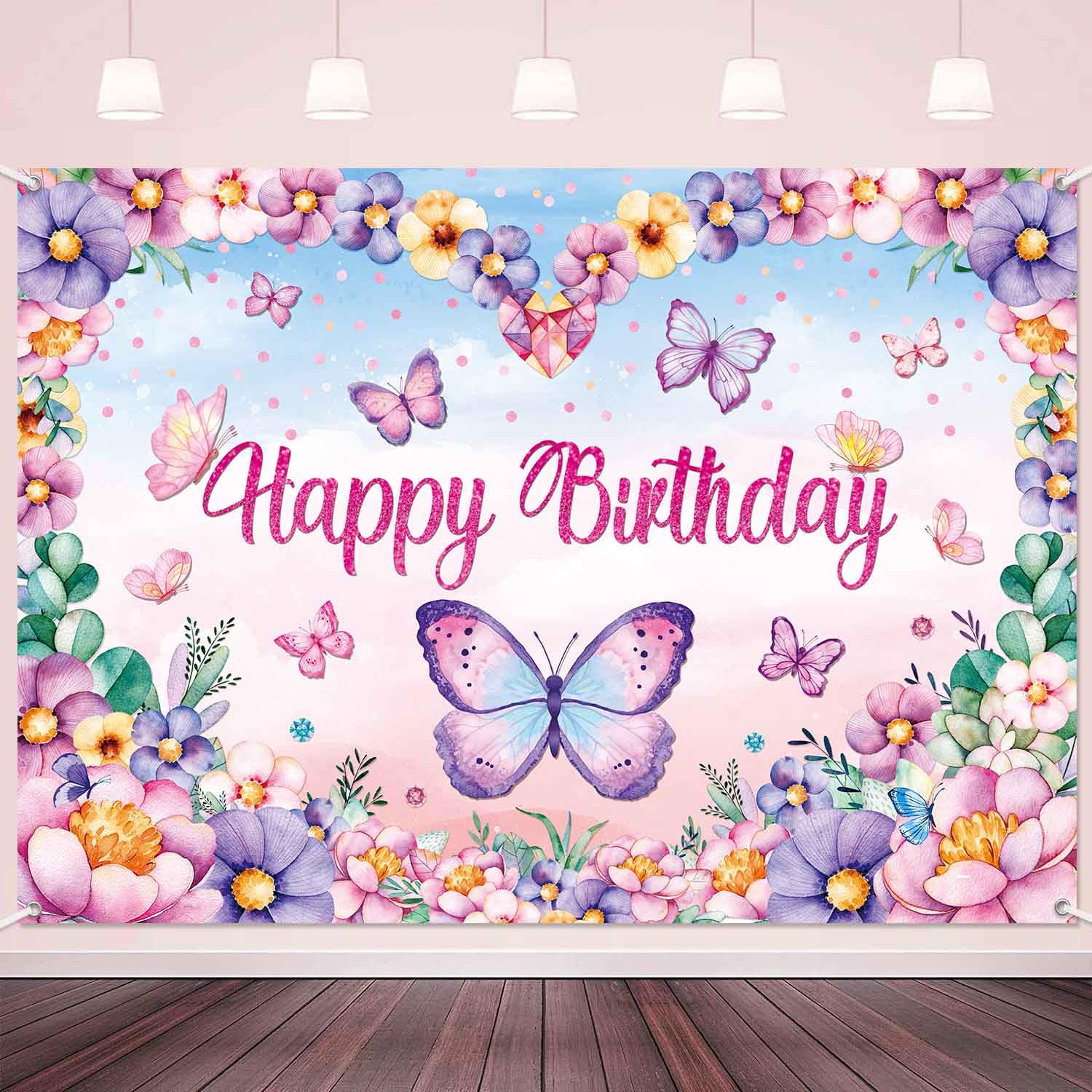 LDWLYW Purple Butterfly Happy Birthday Backdrop Banner Large Butterfly Birthday Party Decorations Supplies for Girl Women Kids S