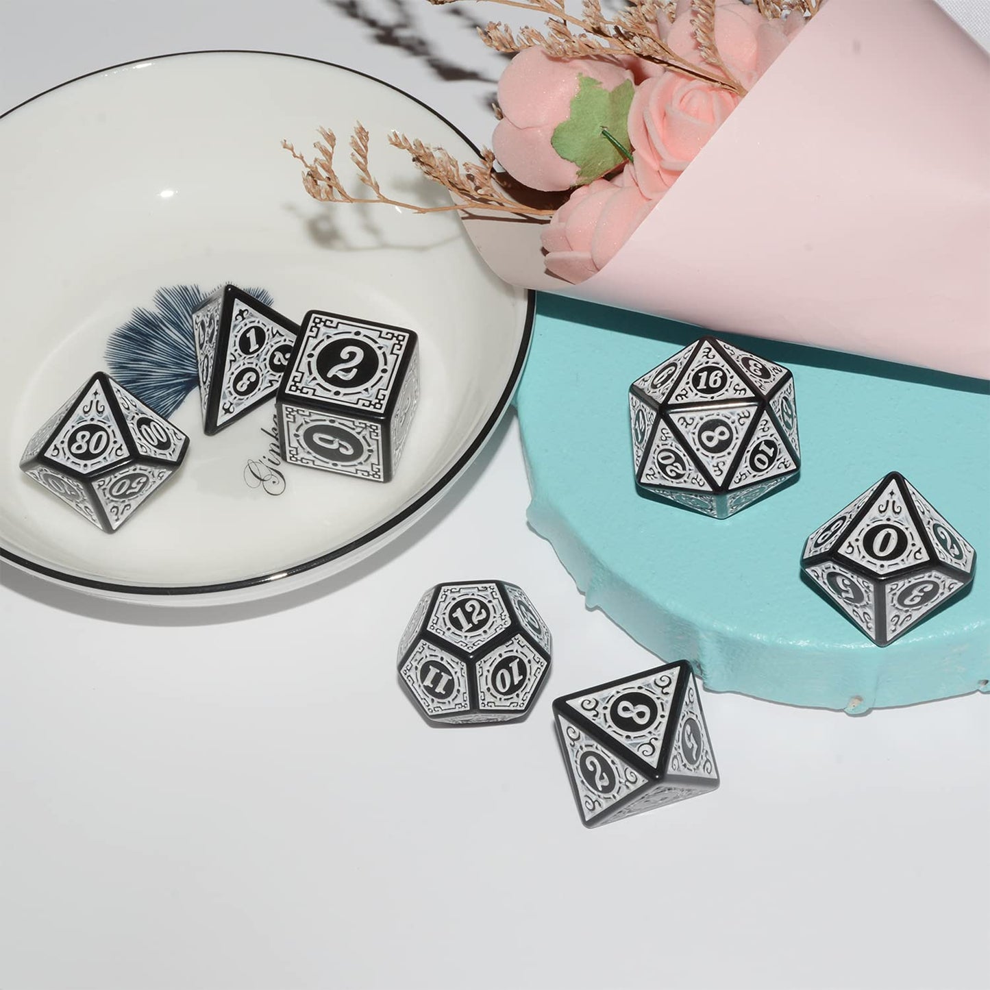 D&D Dice - 7Pc Mixed Black & White Polyhedral Dice For Rpg & Mtg