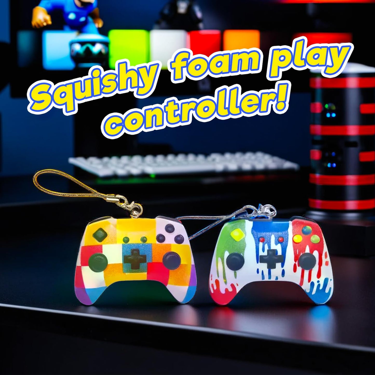 JA-RU Squishy Foam Play Controller Toy (1 Controller Assorted) Mini Squish Console Command Stress Relief Toys with Carry Cord. Smushy Party Favor Collectible Fidget for Kids  Teen  & mature-themed. 3362-1