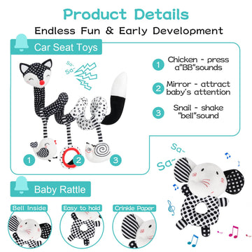 Ajsupojouet 3 Pcs Car Seat Toys For Babies 0-6 Months