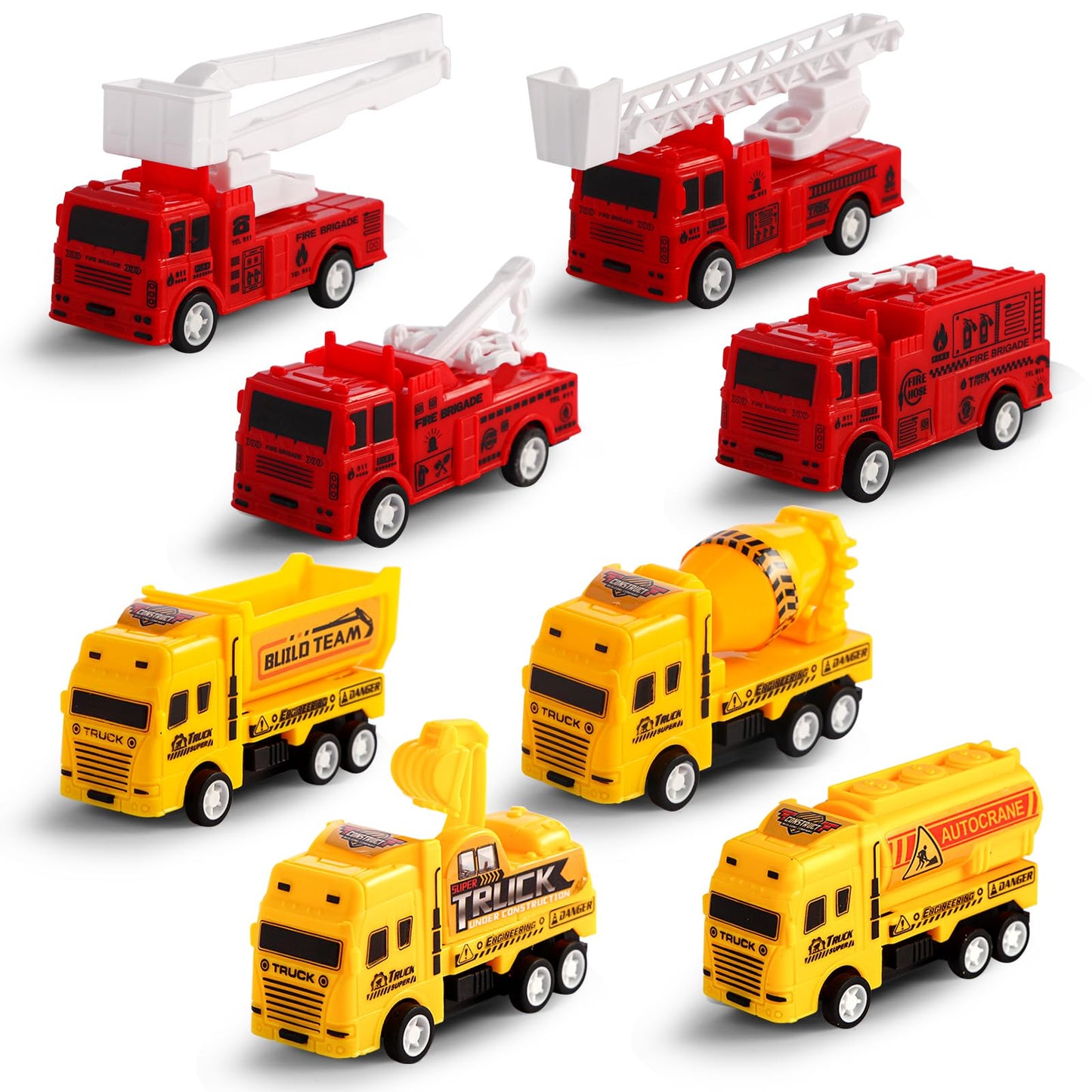 HSMQ 8 Pack Pull Back Cars Vehicle Toys Set, Fire Truck Construction Truck Model for Kids Boys Girls Toddler, Mini Pull Back Veh