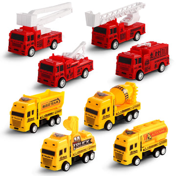 HSMQ 8 Pack Pull Back Cars Vehicle Toys Set, Fire Truck Construction Truck Model for Kids Boys Girls Toddler, Mini Pull Back Veh