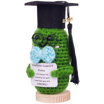Cofubcad 2024-2025 Graduation Gift Emotional Support, Cute Knitted Crochet Cucumber Doll With Doctoral Hat Toy Room Decoration(A21)