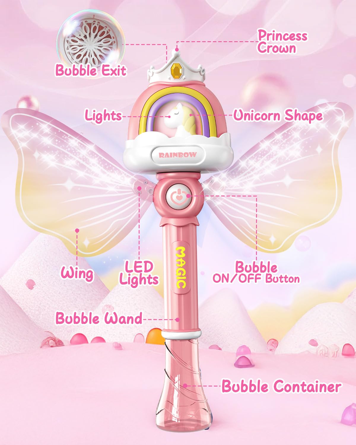 Bubble Wands for Girls Kids, Bubble Machine LED Light Princess Toys with 4 AA Batteries & 2 Solutions, Girl Stuff Outdoor Party