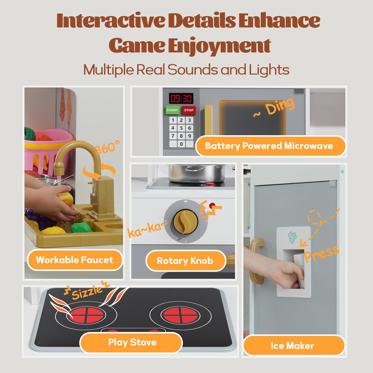 Cozibb Wooden Pretend Play Kitchen Set, Realistic Oven Faucet Microwave Ice Maker Bbq, With Lights & Sounds Features, 21 Accesso