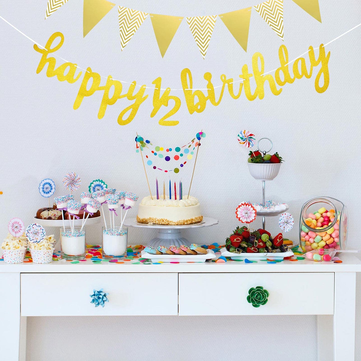 6 Months Banner Happy Birthday Banner Happy 1/2 Birthday Banner Glitter 1/2 Half Year Cake Topper Triangle Flag Banner For Half Year Baby Shower Birthday Party Decoration, Pre-Strung (Gold)