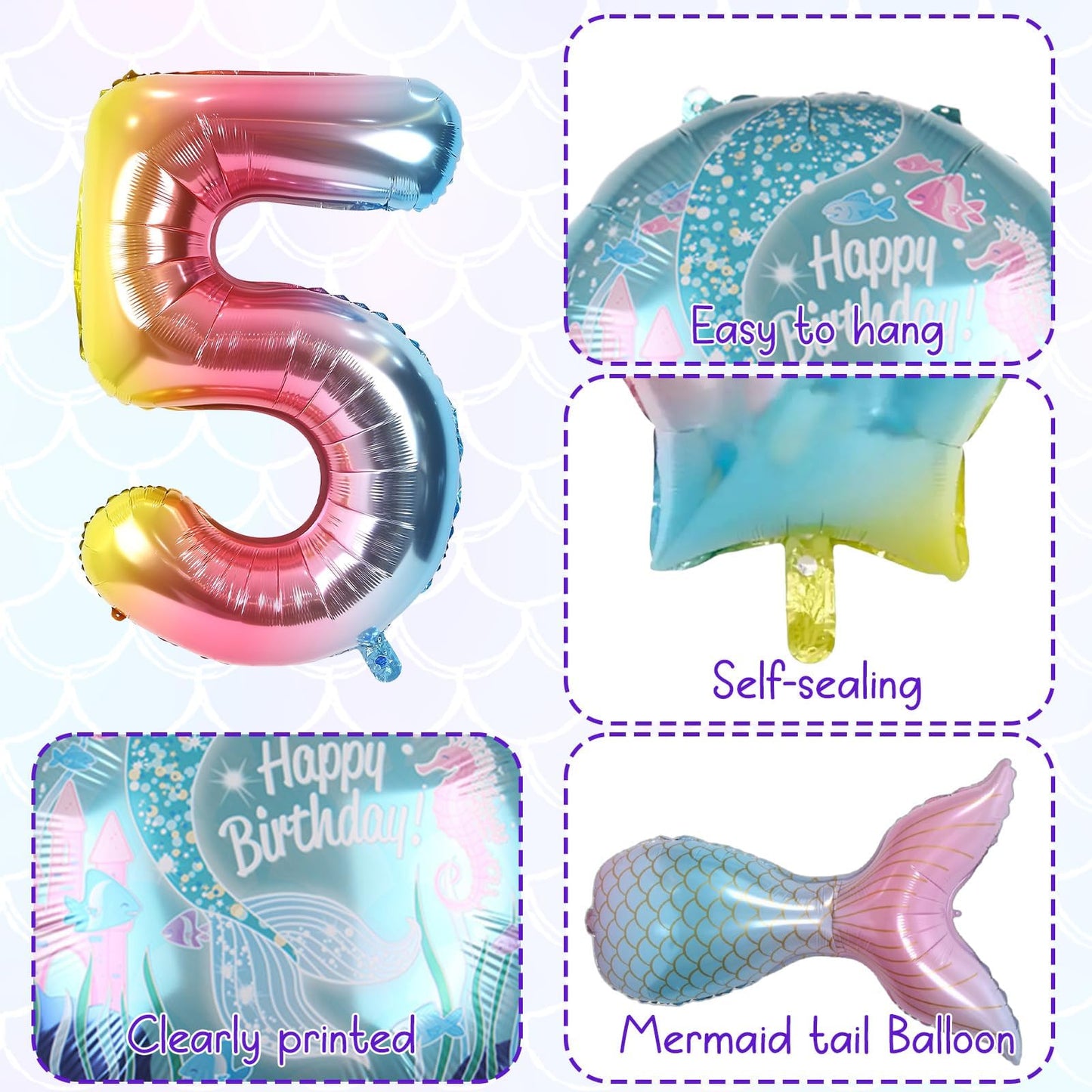 Mermaid 5Th Birthday Decorations, 8Pcs Mermaid Birthday Decorations Balloons, 40 Inch Rainbow Number 5 Balloon, Large Helium Foil Mermaid Tail Balloon, Seashell Balloons For Mermaid Party Supplies