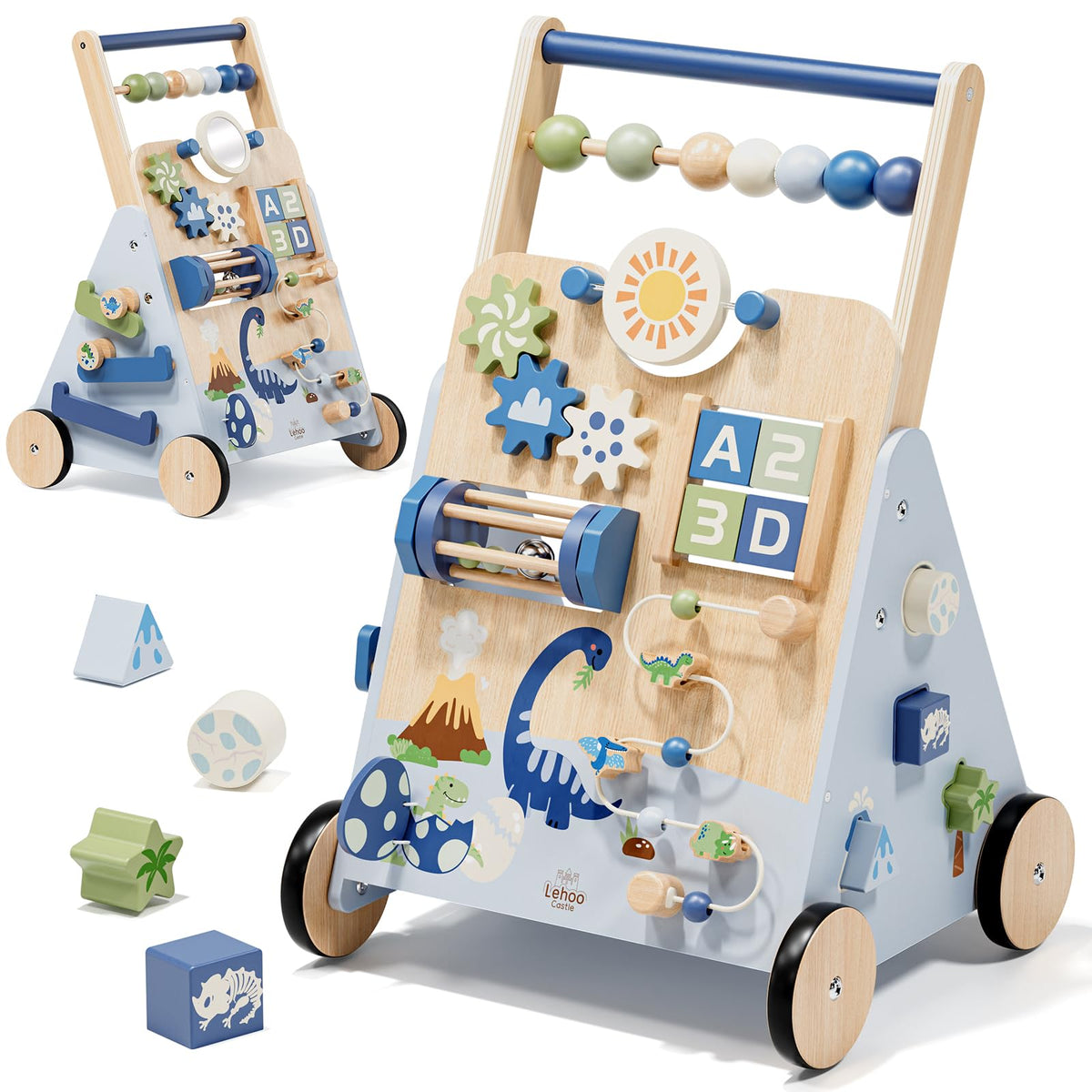 Lehoo Castle Dinosaur Wooden Baby Walker, Adjustable Speed Baby Push Walker