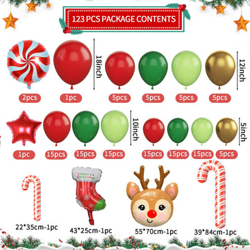 Christmas Balloon Garland Arch, 123 Pcs Christmas Balloon Arch Kit With Red Green Gold Latex Balloons, Christmas Foil Balloon St