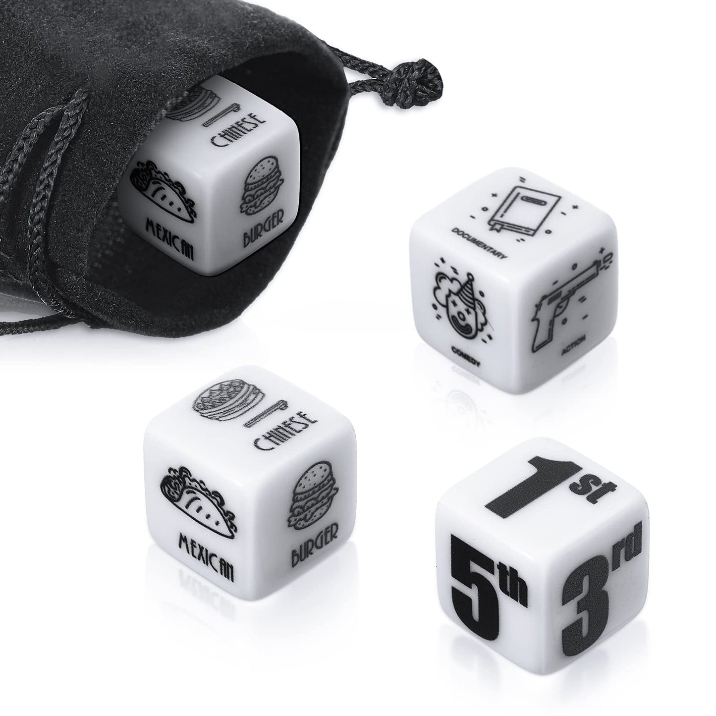 Landhoow 3 Pcs Dinner and a Movie Decider Dice Valentines Day Gifts for Him Her Decision Dice with a Black Velvet Storage Bag fo