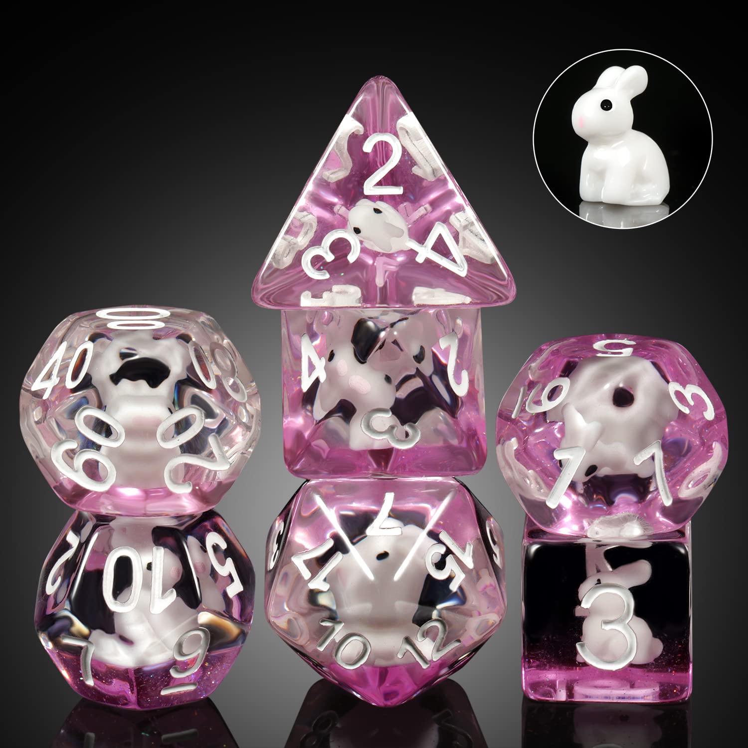 Rabbit dice set DND, DNDND 7PCS Resin Polyhedral dice set with Velvet Pouch for D&D Dungeons and Dragons Role Playing Games and 
