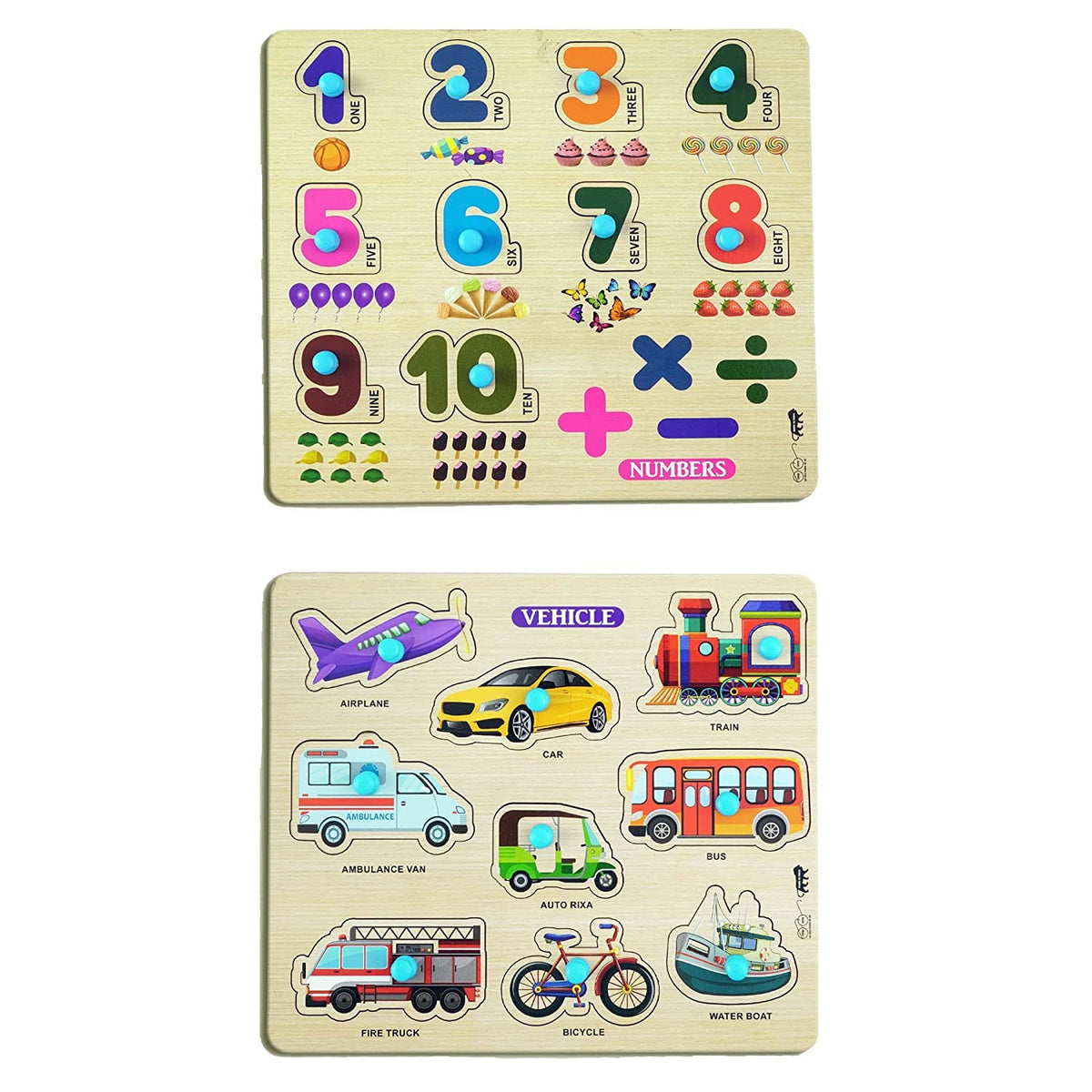 GREST Mini Wooden Numbers and Vehicles Puzzle with Knobs, Educational and Learning Game for Kids for Kids