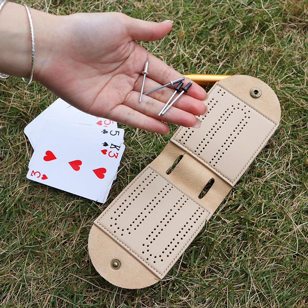 Travel Cribbage Board Game Set, Portable Cribbage Boards Unique 2 Track Cribbage Board, Foldable Pu Mini Cribbage Board With 4 C
