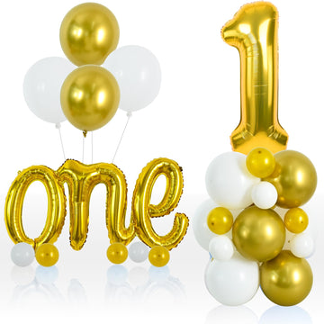 Toniful 27 Pcs 1St Birthday Balloons Set,40 Inch Gold Number 1 Balloon Gold One Letter Foil Balloon White Metallic Gold Balloons
