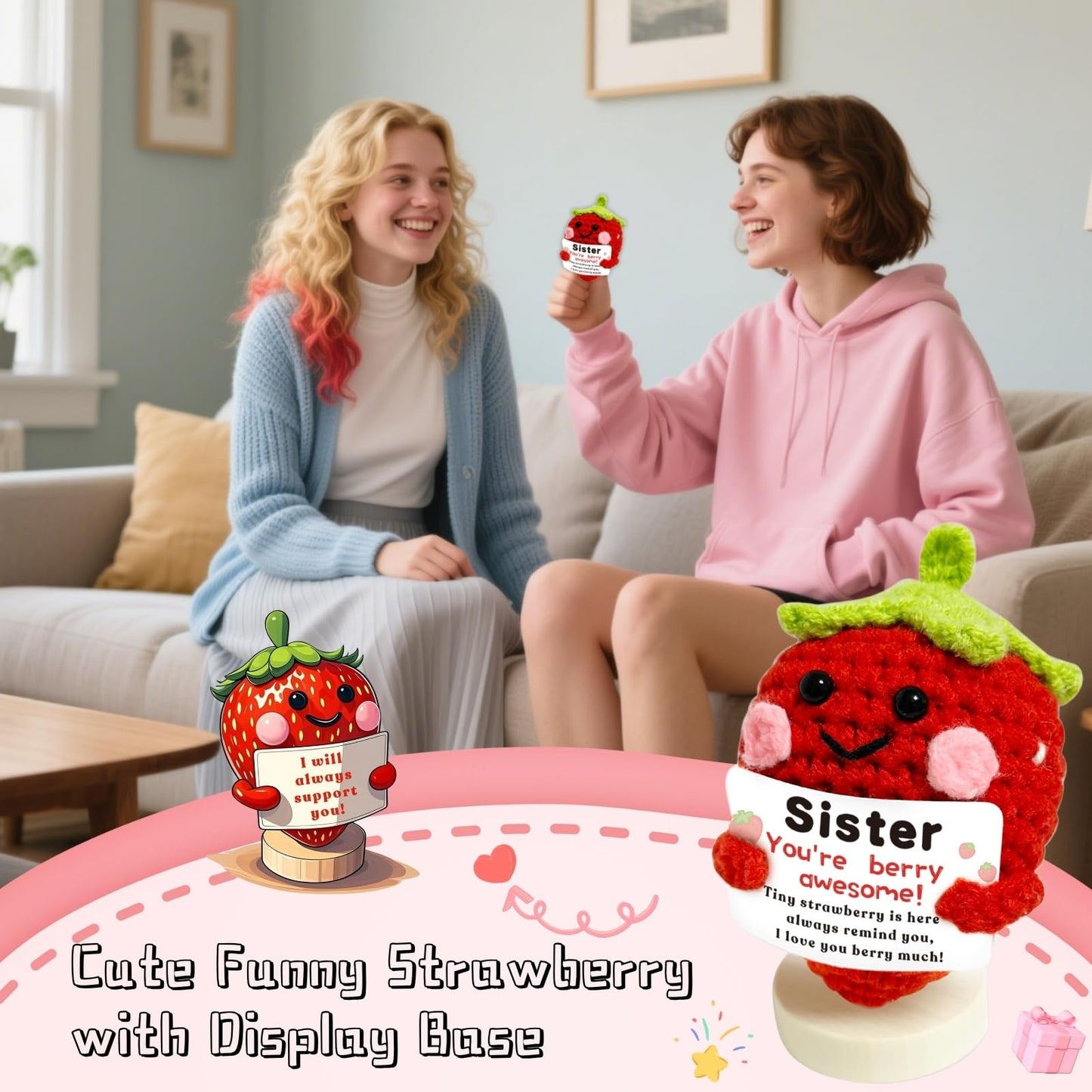 Sister Gifts Positive Crochet Strawberry: Big Sis Sister-in-Law Friends mature-themed Gifts for Birthday Christmas White Elephant Day Genlentines  Handmade Cute Berry Awesome Card Base Keychain (Sister)