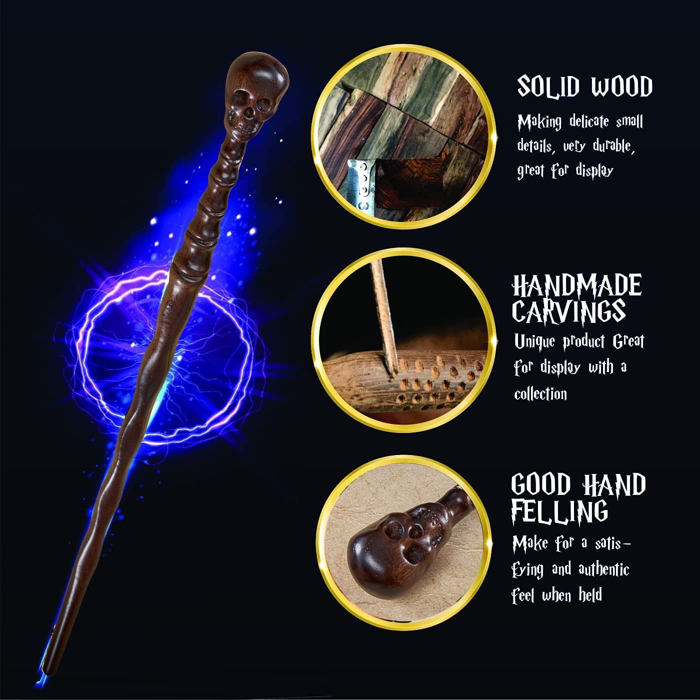 Handicraftviet Skull Wand - Handcrafted Real Wood Grain  Wizard Magic Wand for mature-themeds Kids to a Magical Adventure  15In Great Gift for Halloween