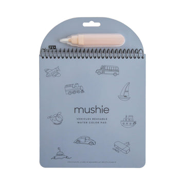 mushie Vehicles Reusable Water Color Pad | Montessori Travel Activity Book with Planes, Trains, and Cars + Refillable Brush for 