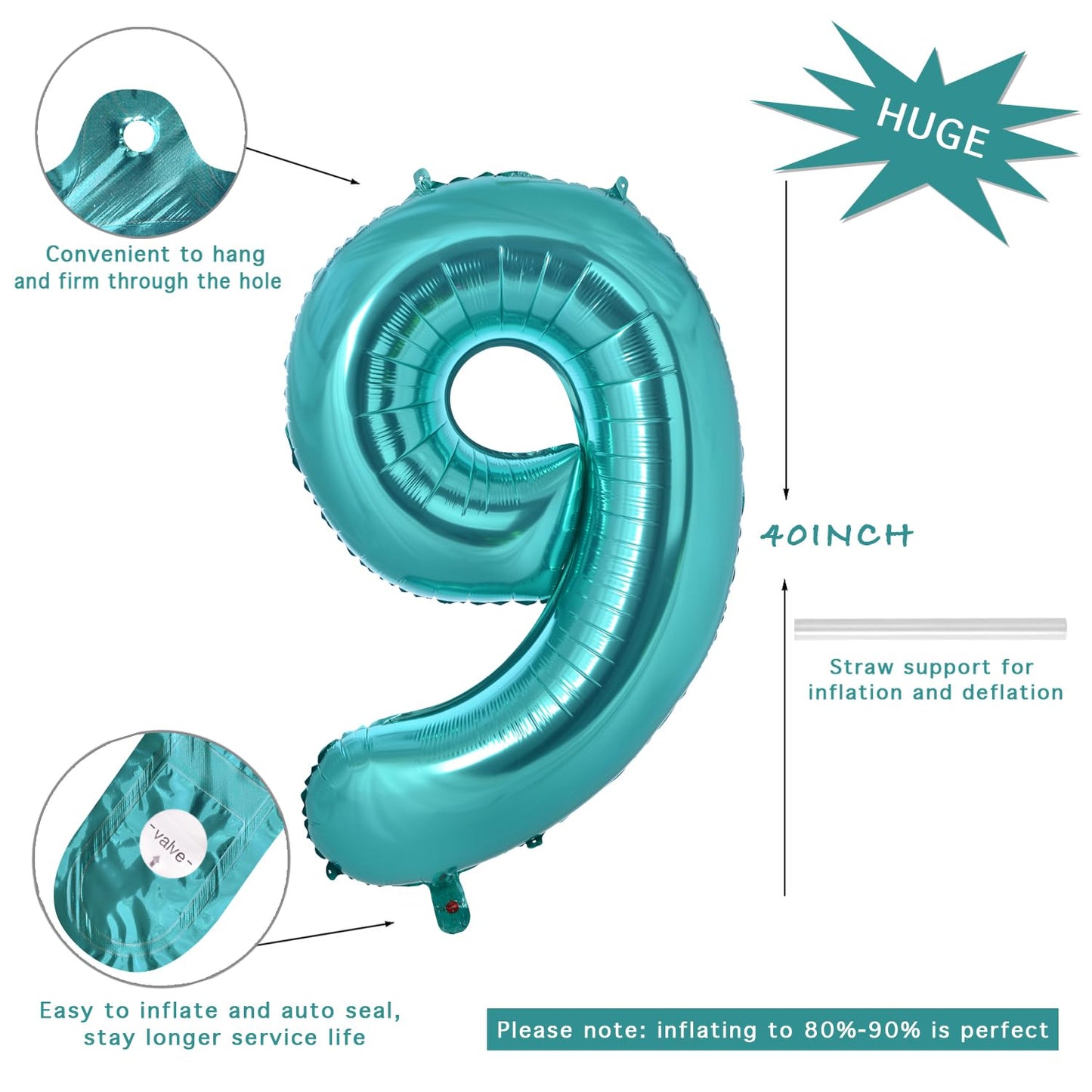 Vonokee 40 Inch Teal Blue Giant Number Balloons 9, Jumbo Digital Foil Mylar Balloon For Birthday Party Wedding Anniversary Celeb