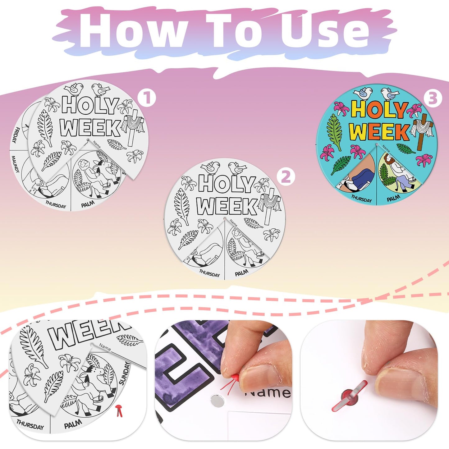 Resurhang 36 Sets Color Your Own Holy Week Wheel, DIY Religious Easter Crafts Kit for Kids Holy Week Color Crafts for Kids Easte