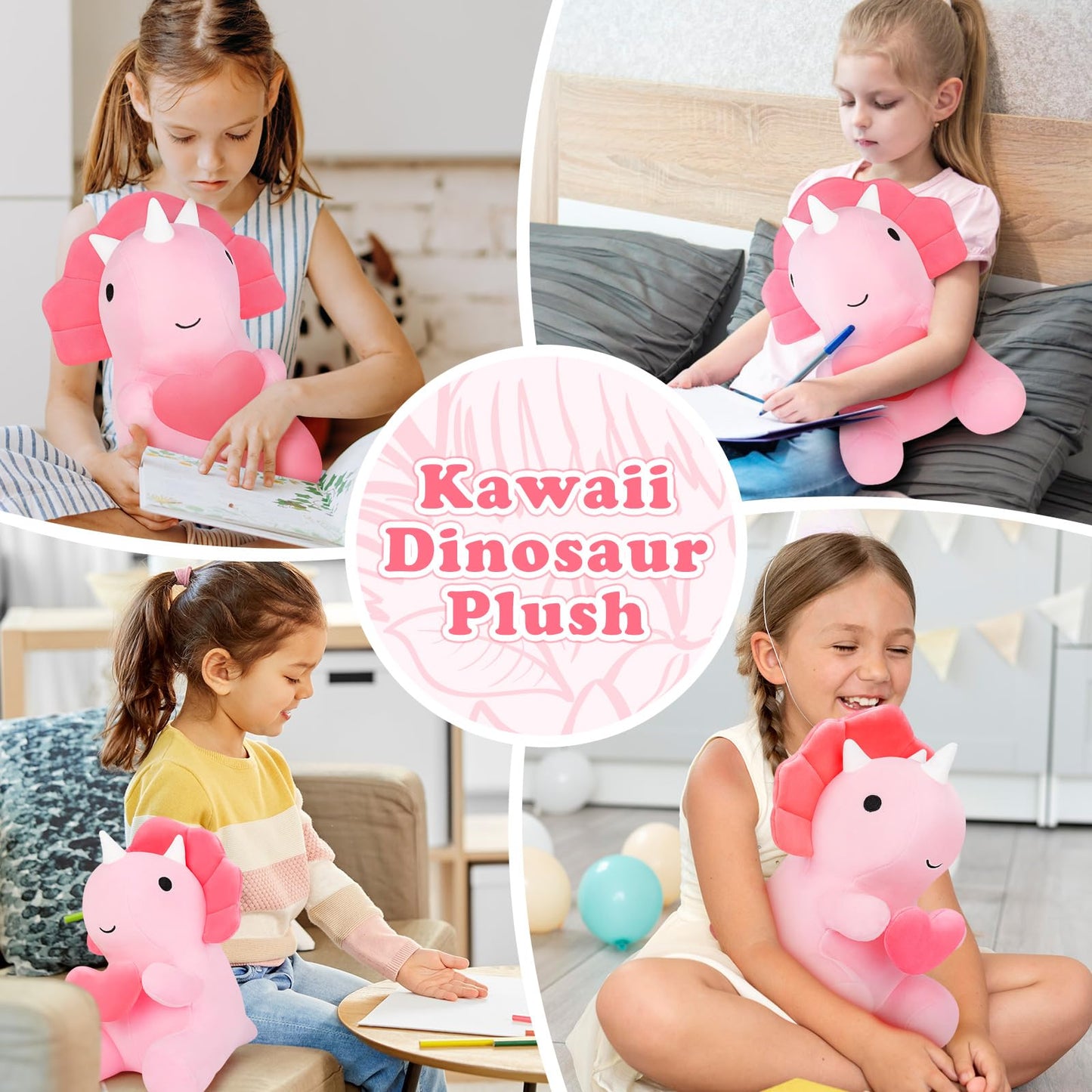 Pink Loving Dinosaur Stuffed Animal, 11.8'' Kawaii Soft Dino Plush Hug Heart , Dinosaur Plushie Birthday Gift For Her Girls Boys