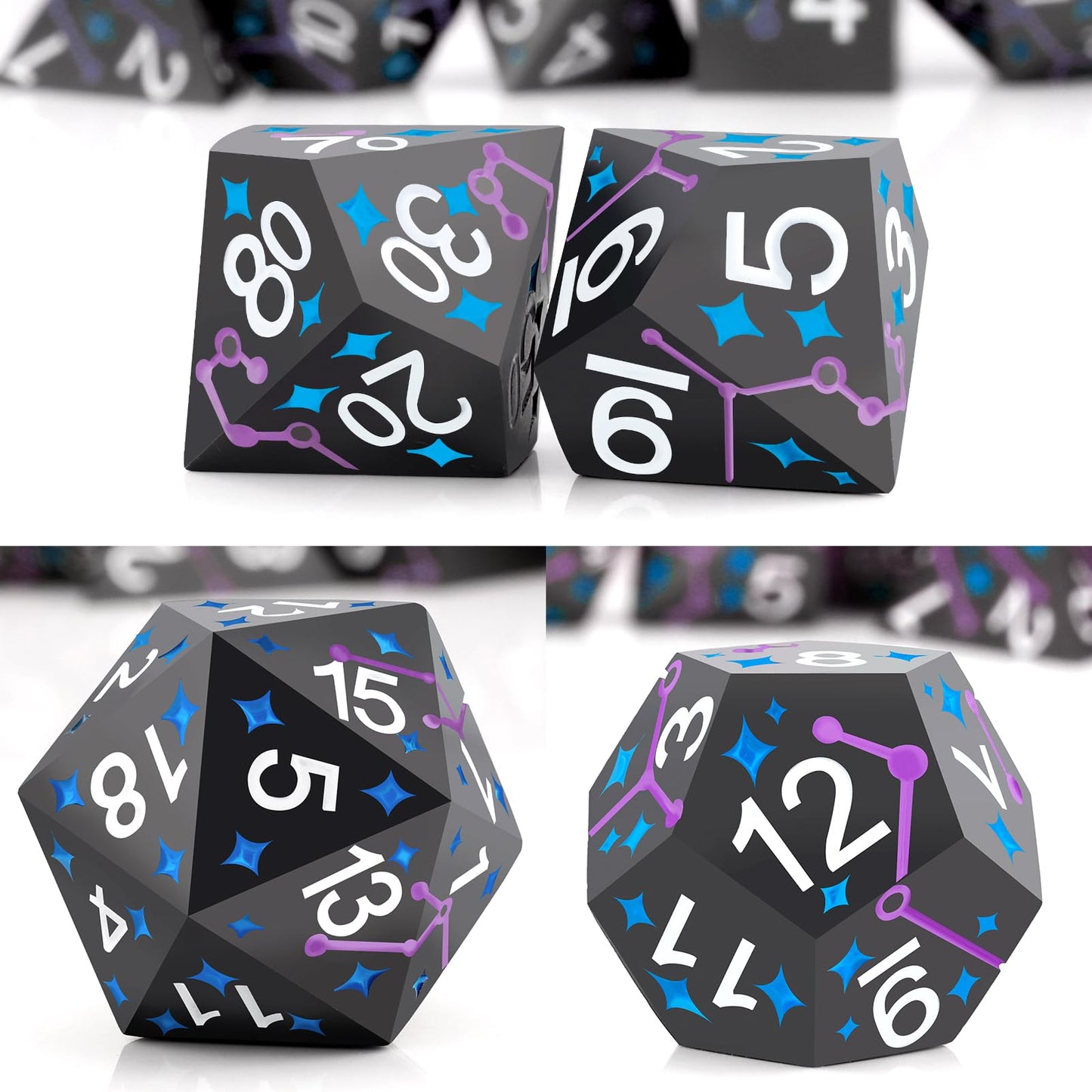 PJOY Metal Dice Set D&D Star Dice Set DND Polyhedral Dice for RPG Role Playing Games Dungeons and Dragons TTRPG Black Purple Blu